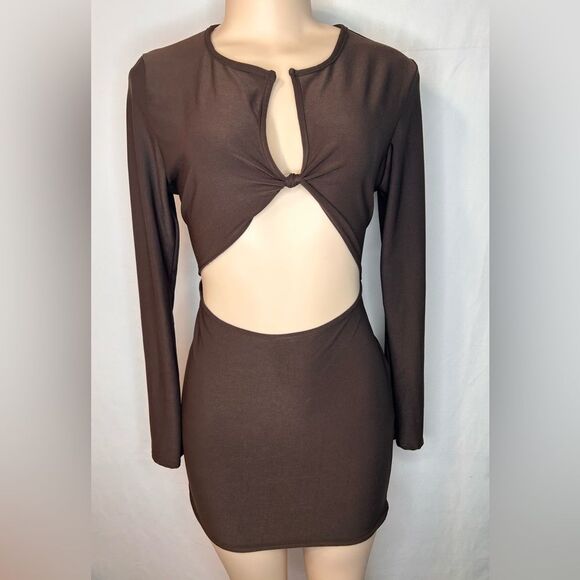 PrettyLittleThing Chocolate Slinky Knot Bust Long Sleeve CutOut Bodycon Dress 10 - Picture 1 of 12